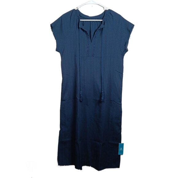 CUPSHE Kaftan Dress Women’s M Navy Maxi Textured Tassels Raw Hem Boho Muumuu New - Picture 1 of 6
